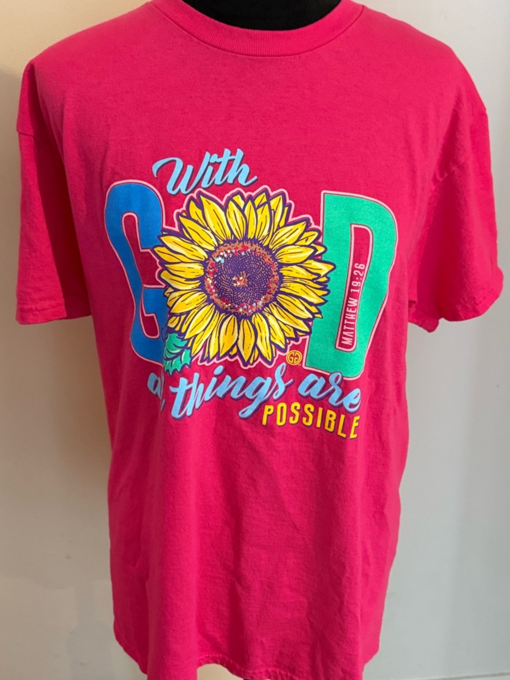 Pink Sunflower Graphic Tee  With God All Things Are Possible Large NEW